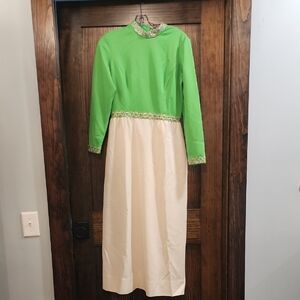 Vintage Green and Cream Long Sleeve Dress Est Size Med